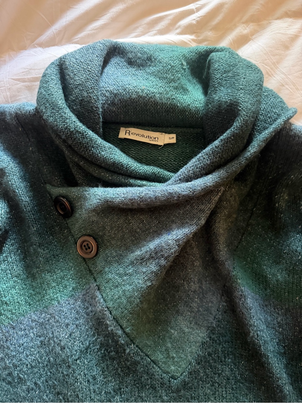 Cozy Y2K European Gradient Ombré Stripe Teal Shawl-Collar Cowl Button Sweater
